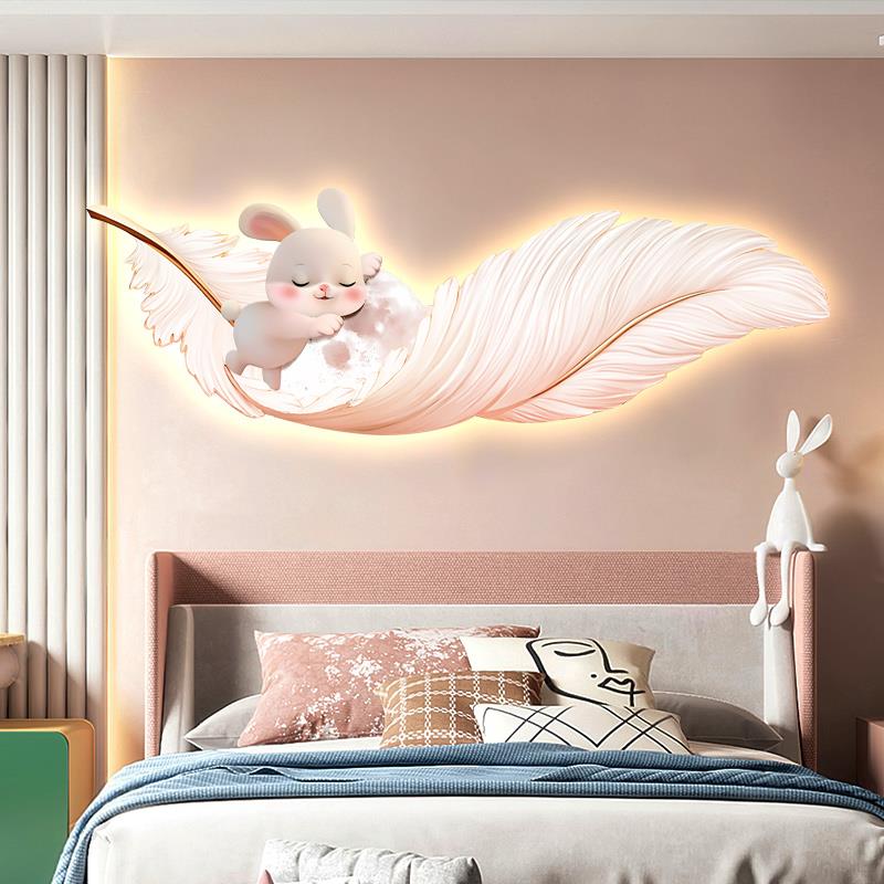 现代女孩房间装饰画卧室床头led发光灯壁画兔子羽毛儿童房挂画图片