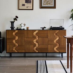 中古风餐边柜黑胡桃柚木色餐厅收纳柜侘寂风玄关柜实木斗柜抽屉柜