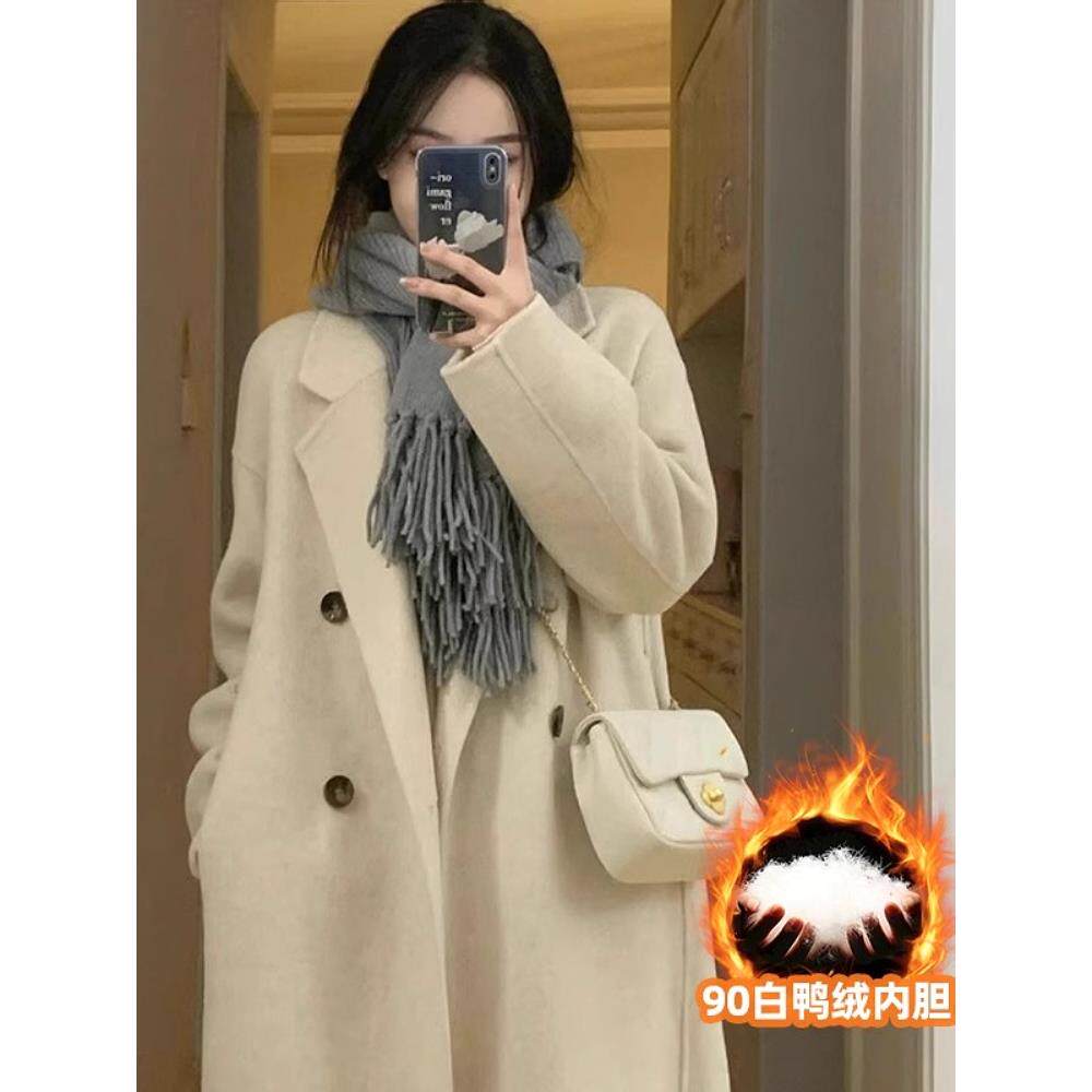 双面羊毛呢子大衣女秋冬小个子2025新款中长款羽绒服内胆毛呢外套