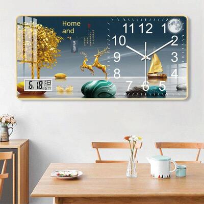 家和长方形挂钟万年历指针钟表免打孔客厅带日历温度简约中式静音