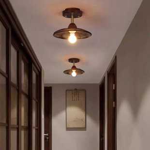 中古风过道灯新中式 入户复古阳台灯 吸顶灯胡桃色实木个性