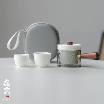 在言羊脂玉白瓷木柄侧把壶户外便携旅行一壶两杯茶具瑶岺侧把壶