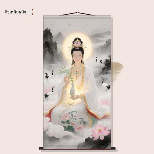 观音菩萨画像挂画观世音菩萨佛像客厅过道墙面玄关装饰丝绸卷轴画