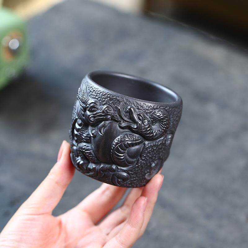 宜兴紫砂杯品茗杯玄武主人杯龙杯刻绘茶盏泡茶杯原矿石黄石红单杯