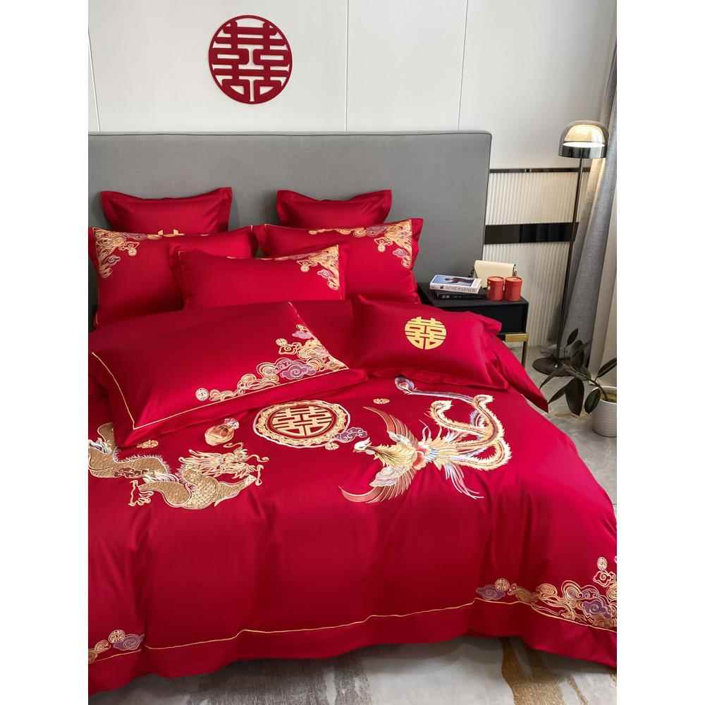 高档婚庆四件套大红龙凤刺绣全棉婚房陪嫁喜被套结婚床上用品纯棉