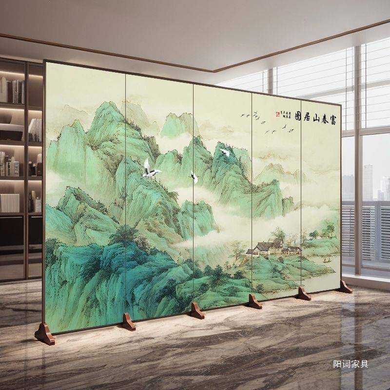中式屏风山水画隔断客厅玄关可折叠移动书房酒店青山流水