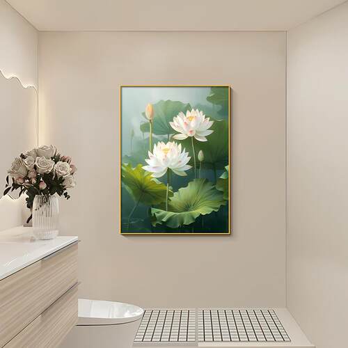荷花挂画现代简约化妆室装饰画厨房饭厅竖版挂画厕所莲花净秽图