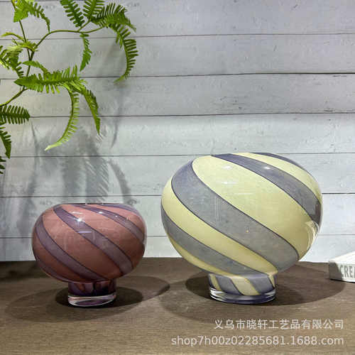 法式中古双拼色螺旋纹圆形花瓶家居高级感小众艺术摆件水培插花器