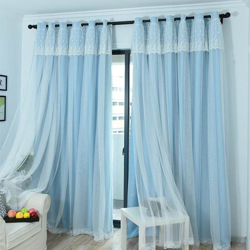 窗帘双层带纱客厅卧室飘窗儿童房遮光布料蕾丝公主风现代简约新款