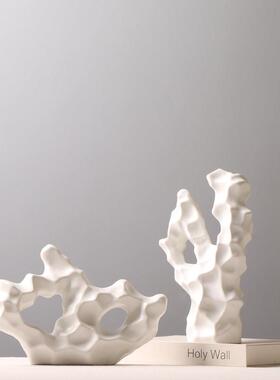 新中式创意陶瓷珊瑚石书房茶室哑光白色装饰摆件假山插花扁工艺品