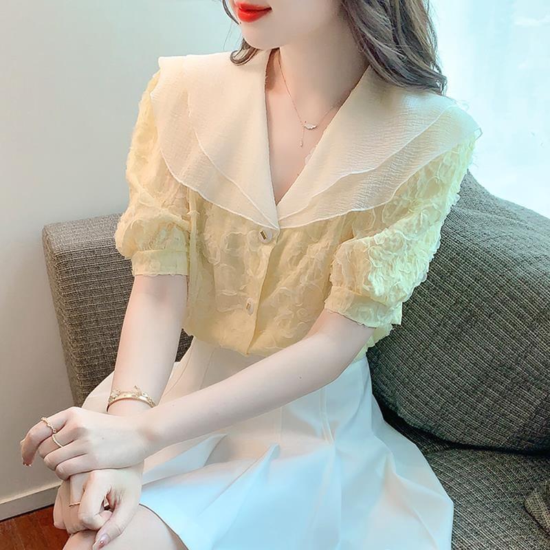 法式娃娃领雪纺衬衫女爆款别致漂亮小衫泡泡短袖上衣2026夏季新款