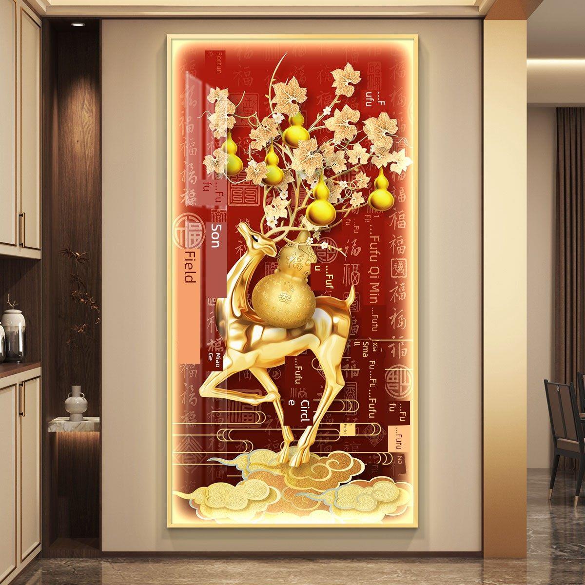 新中国风福鹿入口装饰画五福门走廊挂画葫芦白福图入口光壁画