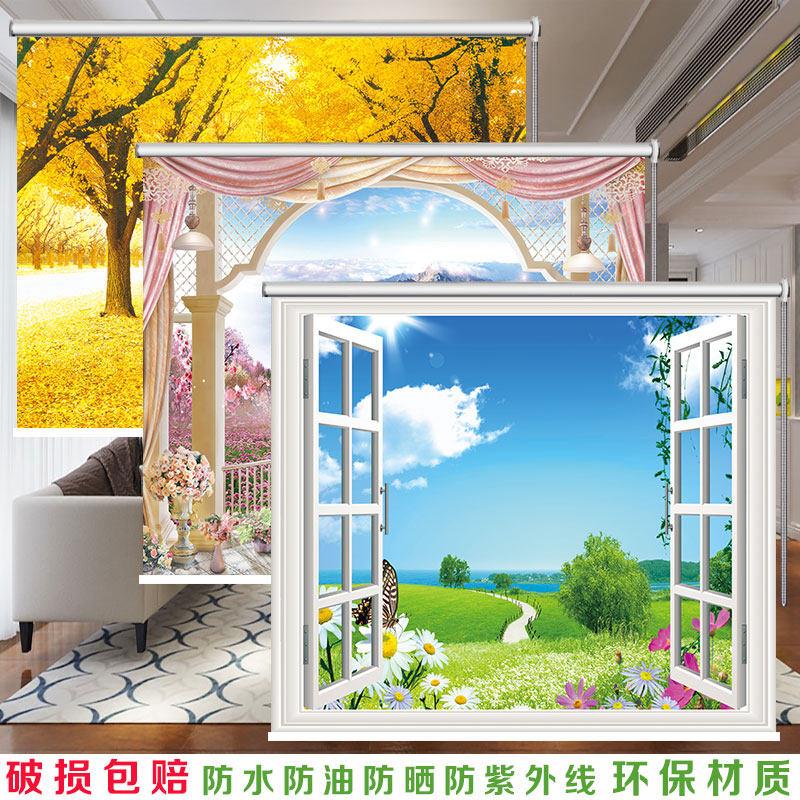 卷帘定制3d立体挂画办公室客厅卧室遮光隔断手拉升降免打孔窗帘