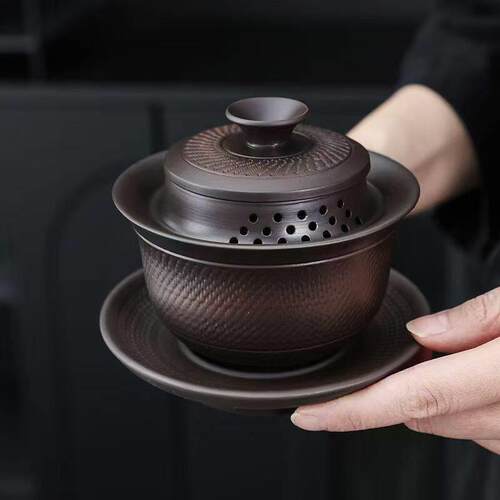 紫陶半手工跳刀纹盖碗茶壶汉瓦壶凤鸣壶大容量紫陶壶家用茶具