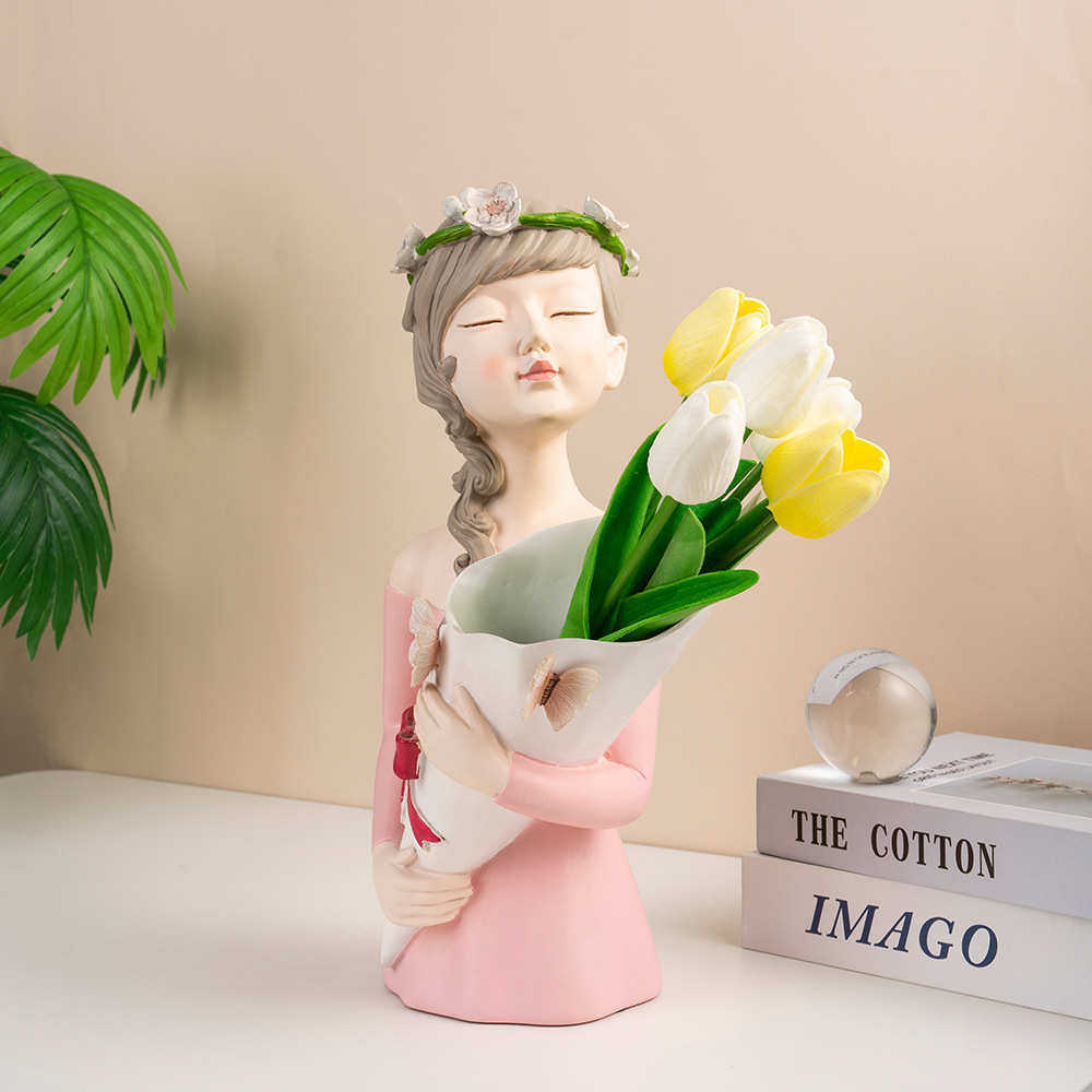 装饰品女孩摆件桌面奢家居花瓶创意轻客厅插花树脂花盆工艺品北欧