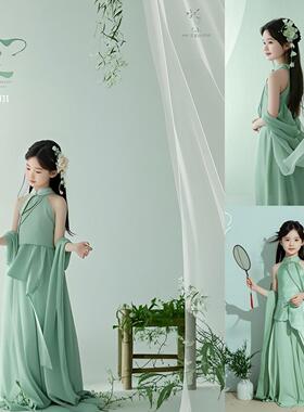 青绿色中国风女童长裙儿童摄影服装影楼拍照汉服新中式2026新款裙