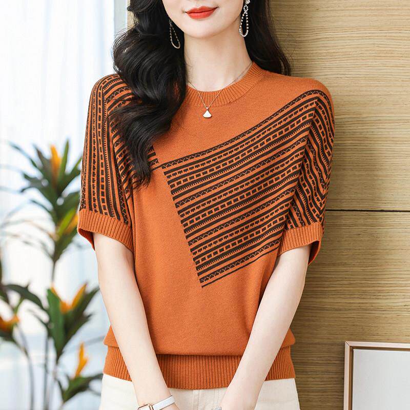 夏季薄款冰丝针织衫短袖T恤女中年妈妈宽松大码拼色洋气蚕丝上衣