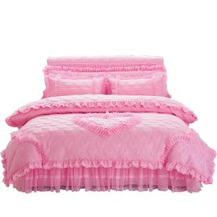 8四件风套蕾纱花边床罩加厚1.m床上 婚庆公主夹棉丝床裙款 正品 韩版