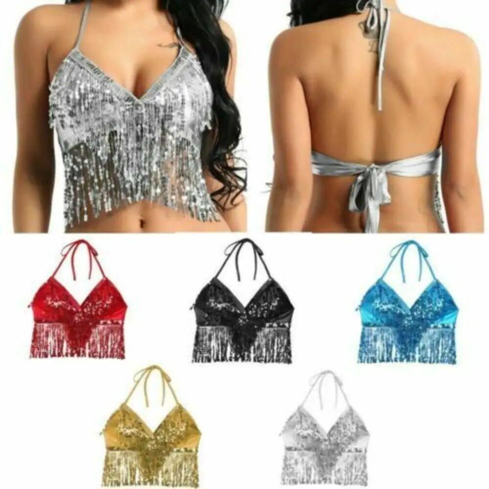 Belly Dance Sequin Fringe Top Nightclub Performance Halter B - 实物图
