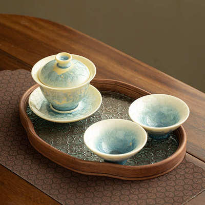 结晶釉三才盖碗一壶两杯陶瓷泡茶器功夫茶具套装家用茶碗茶杯茶盘