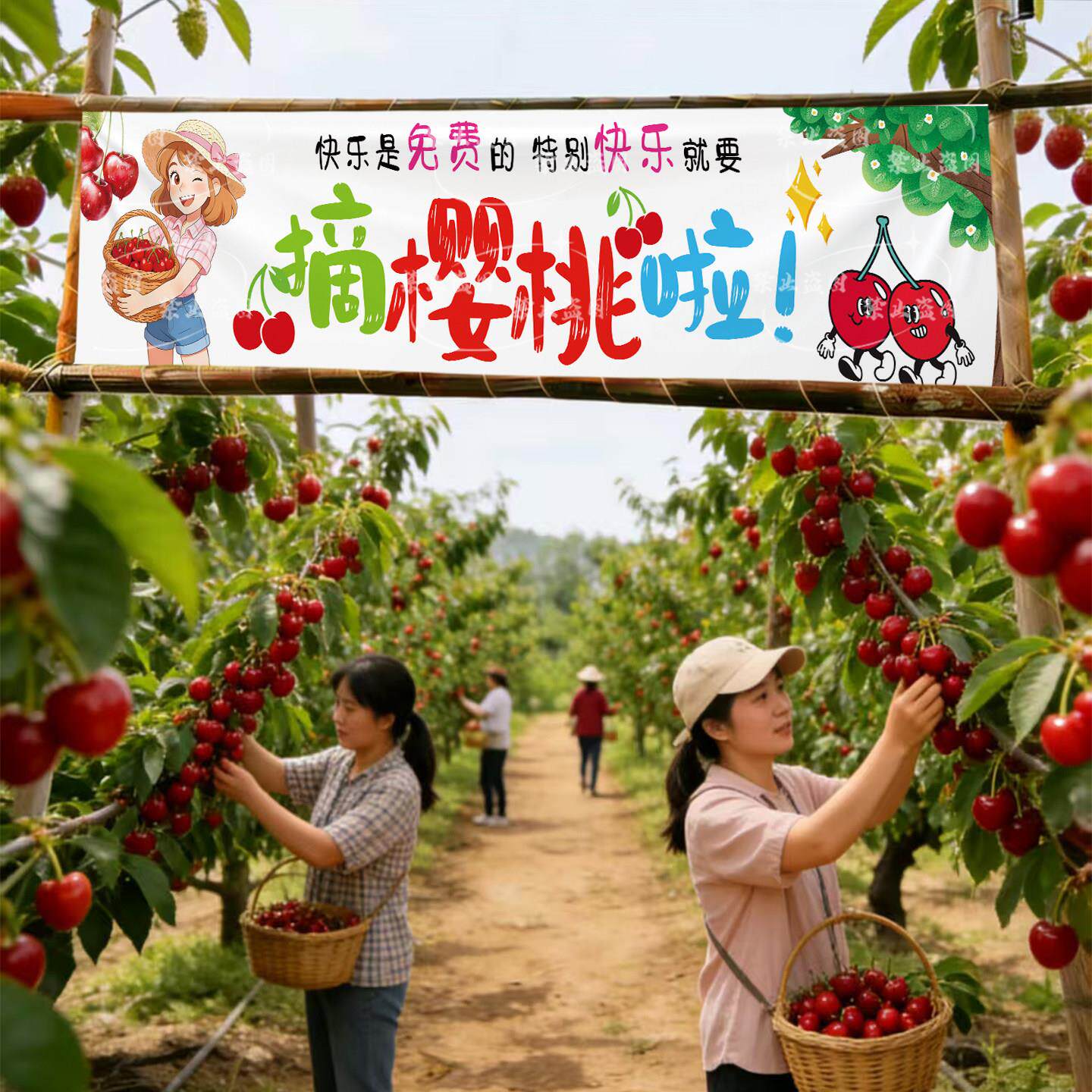 学校自然课户外樱桃采摘背景横幅定制采摘活动横幅装饰宣传广告布