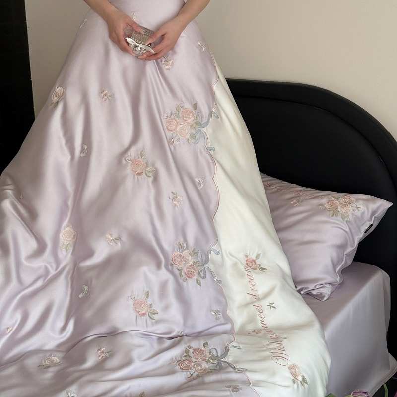 支丝丝60刺绣莱花卉滑被套四赛尔天床上用品公主件套风凉夏季感