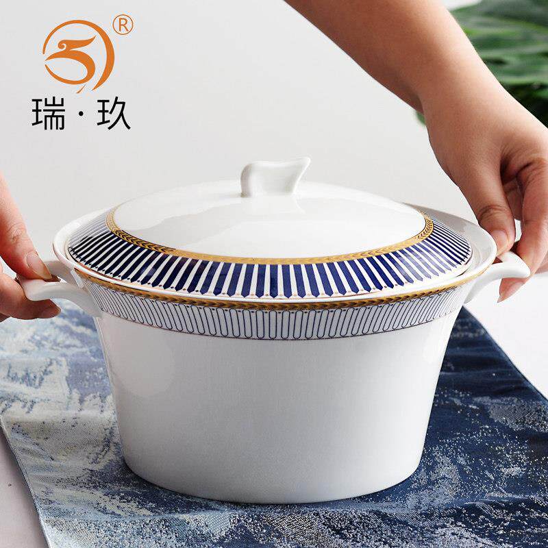 瓷盆欧式家用骨瓷汤锅面 面碗大汤碗酸菜鱼陶瓷金边带盖子防烫双
