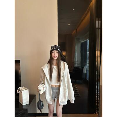 慵懒风拉链连帽黑色卫衣外套女装秋季中长款美式宽松灰色开衫上衣