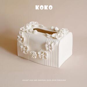 KOKO出口北欧宫廷风浪漫精致手捏花陶瓷餐巾盒家居装饰纸巾盒摆件