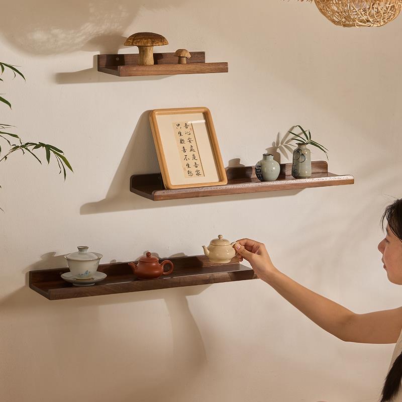 北美黑桃木置物架墙上博古架电视墙壁搁板书架装饰架实木一字隔板