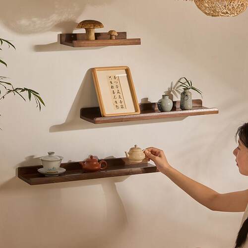 北美黑桃木置物架墙上博古架电视墙壁搁板书架装饰架实木一字隔板