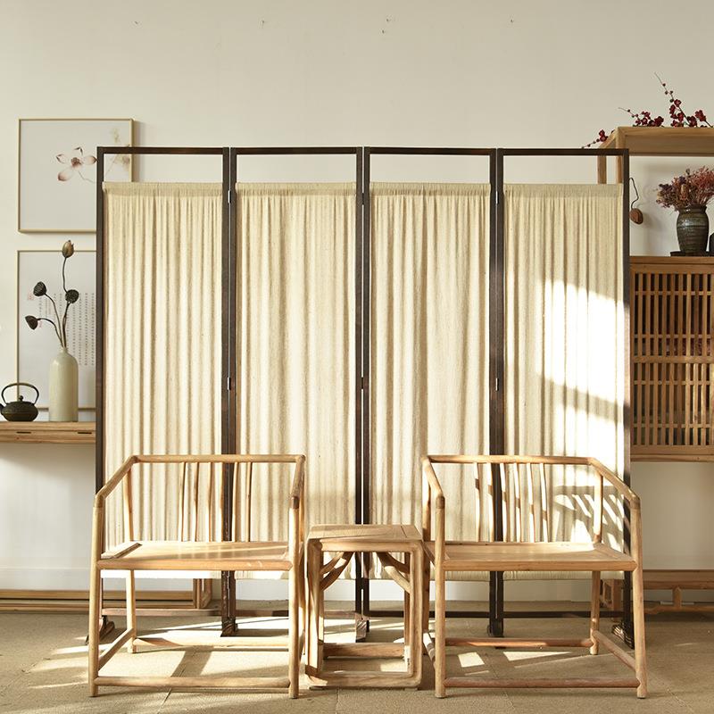 中式玄实木麻布屏风入户隔断复古风怀旧折屏厅纯麻布屏酒店茶餐茶