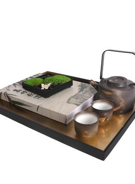 新中式中古风样板房会所售楼处茶具苔藓装饰书籍托盘组合装饰摆件