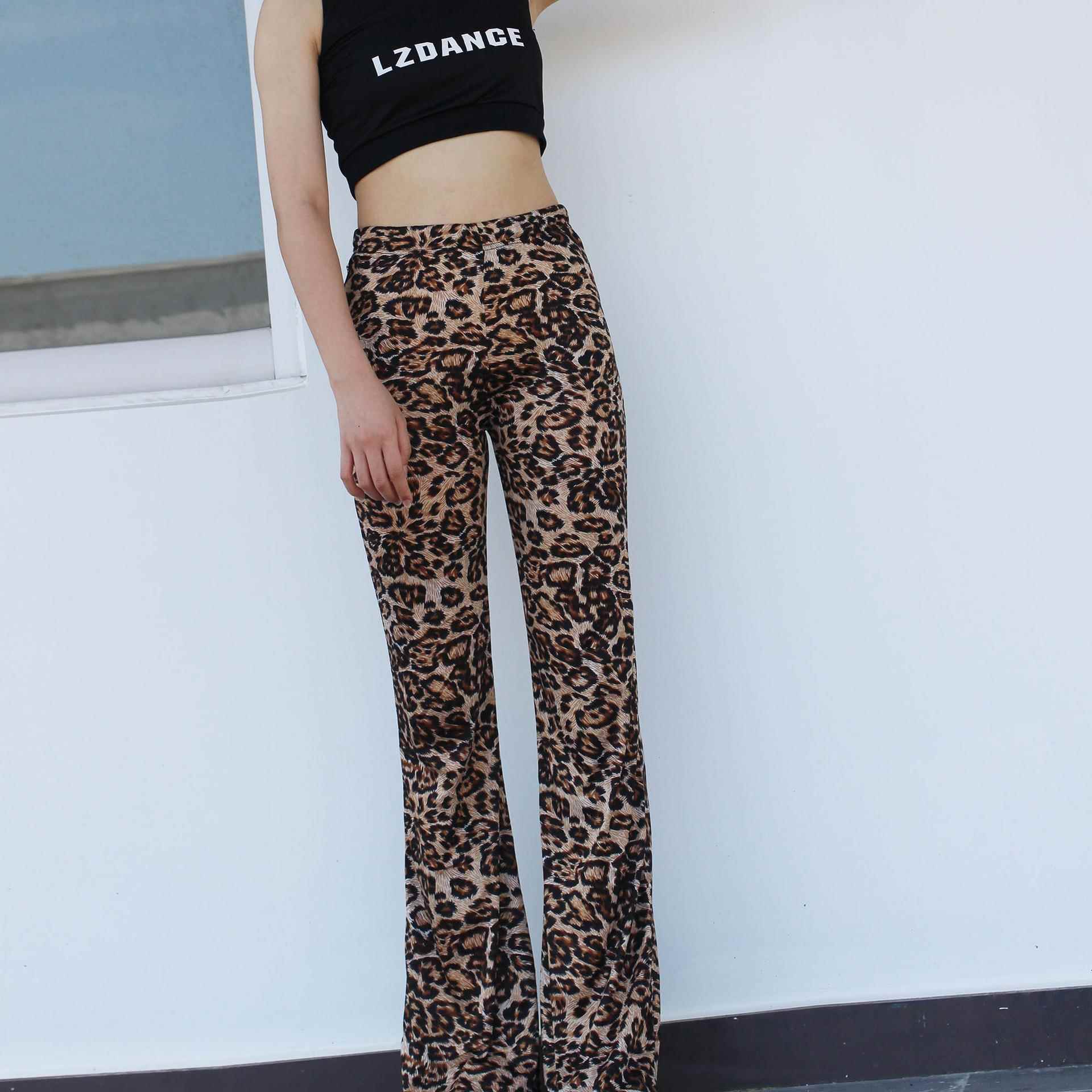 Leopard Womens Stretch Waist Pants Elastic Slim Flared