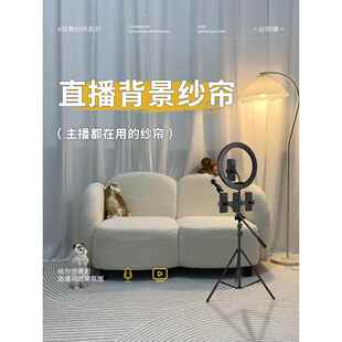 直播间背景窗帘纱帘免打孔专用魔术贴网红主播高级感白色阳台纱帘