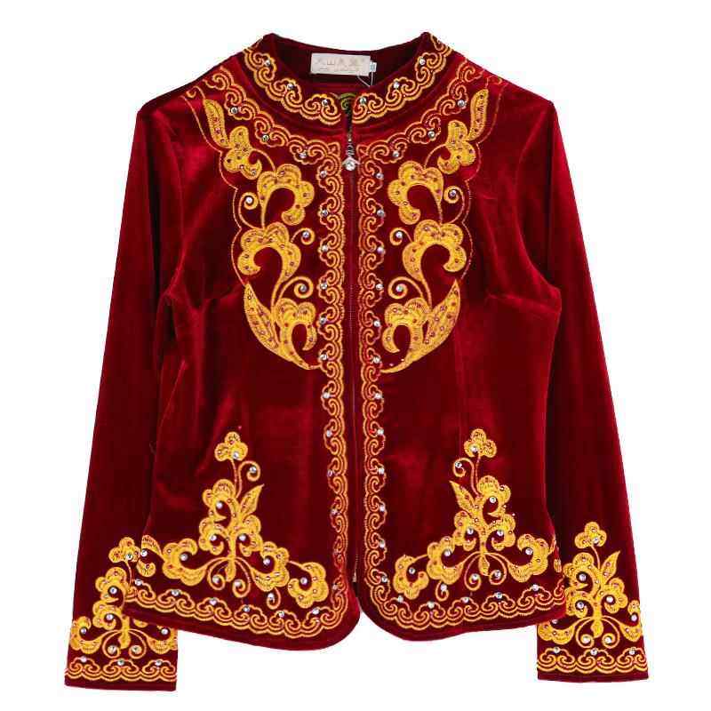 高档新疆舞蹈演出服装金绒色女黑款长袖丝上衣绣花维吾族民族秋冬