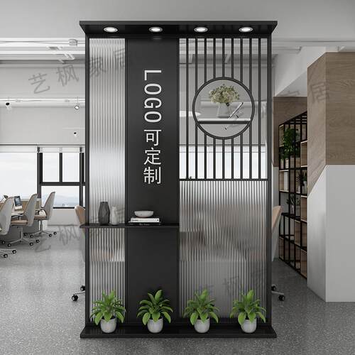 简约现代办公室隔断可移动背景Logo墙公司入户玄关前台玻璃屏风