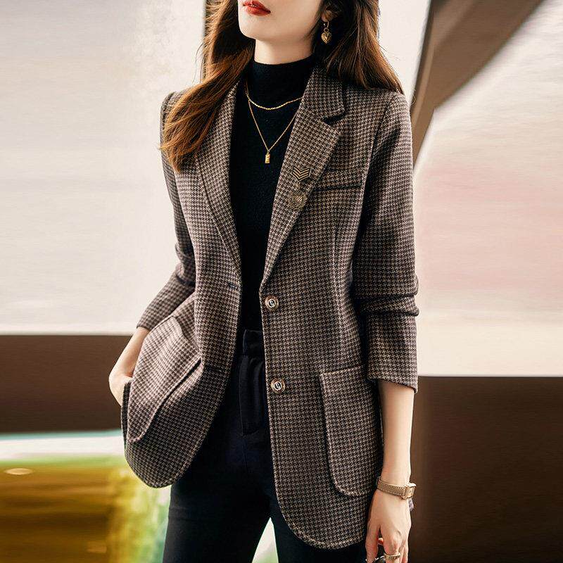 灰色格子西装外套女2025春秋新款气质休闲高级感中长款小西服上衣