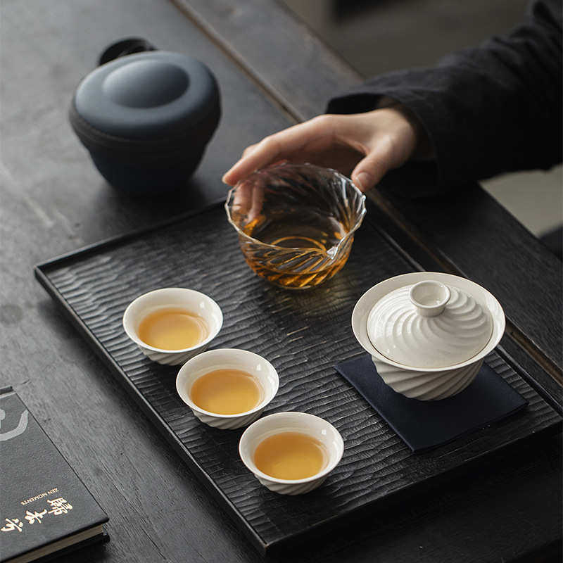 整套客螺旋草木灰茶具公旅行陶瓷便携包套装纹墨杯三杯快盖碗己