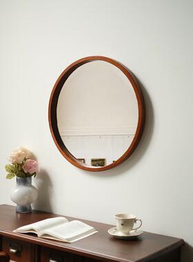 闻森家居日式圆形镜壁挂CKY原木胡桃实色梳妆台室卫生间墙面木浴