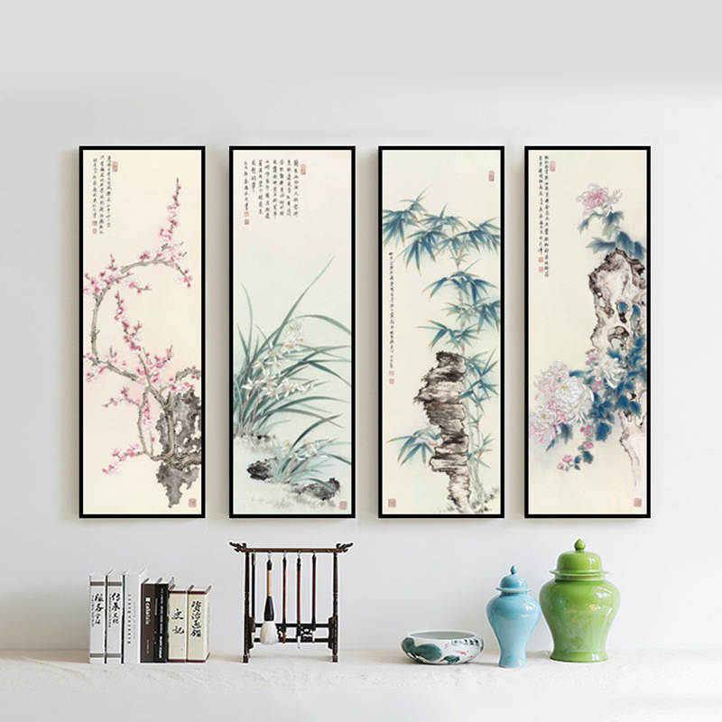 厂家直销梅兰竹菊中式挂画 客厅新中式装饰画茶室四联画装饰字画图片