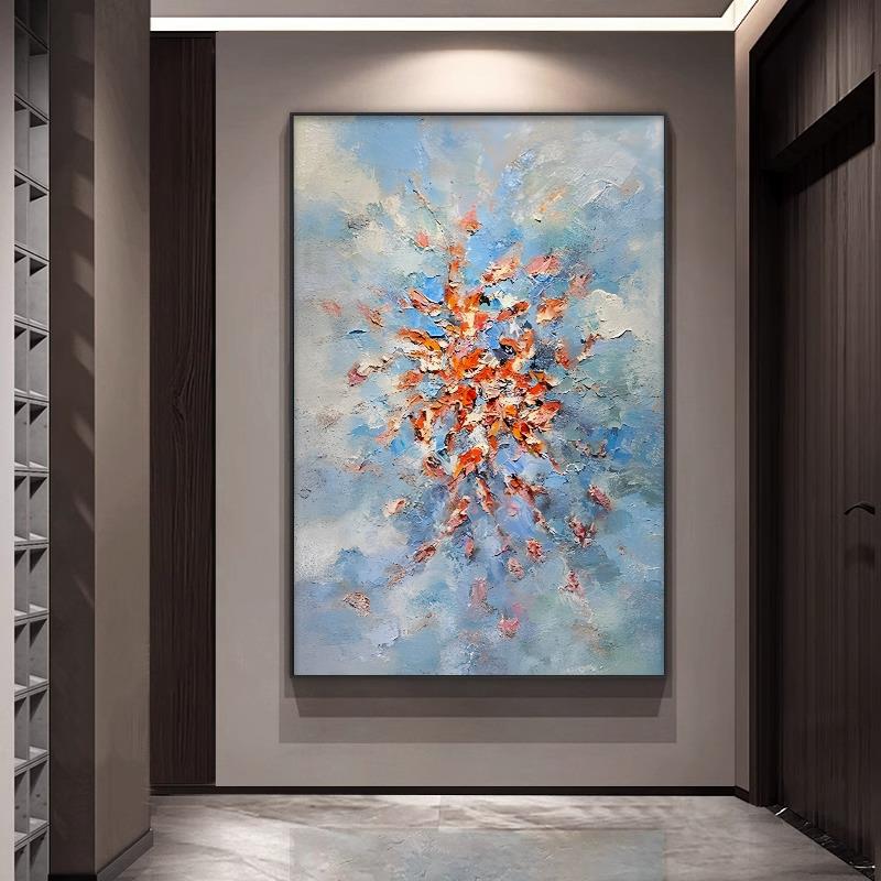 九鱼大芬村手绘油画抽象锦鲤玄关装饰画现代高档蓝色肌理客厅挂画图片
