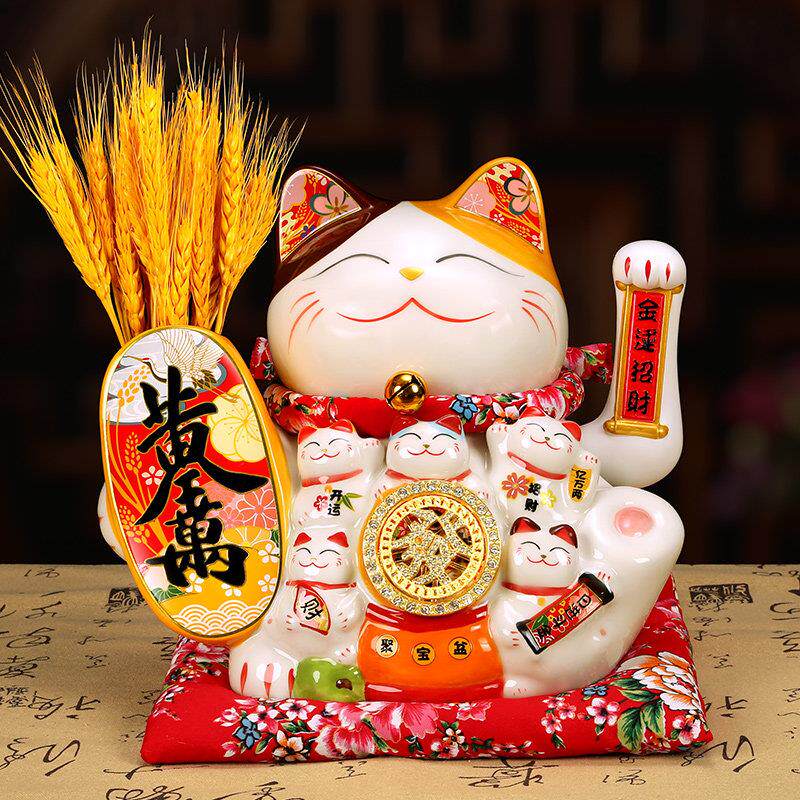 吉善缘14寸电动摇手猫陶瓷招财猫大号开业礼品生意兴隆摆设