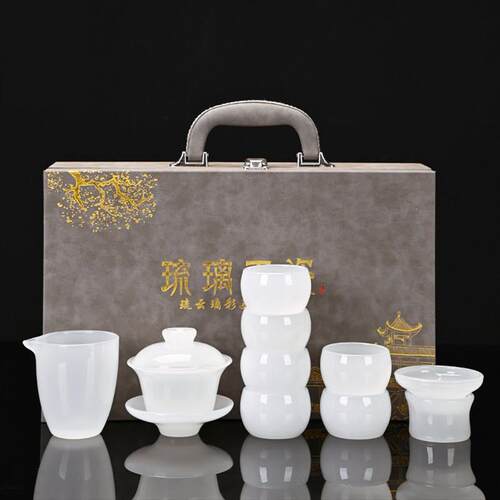 白玉琉璃茶具套组盖碗玉瓷茶壶家用功夫茶具组合喝茶送礼高档礼盒