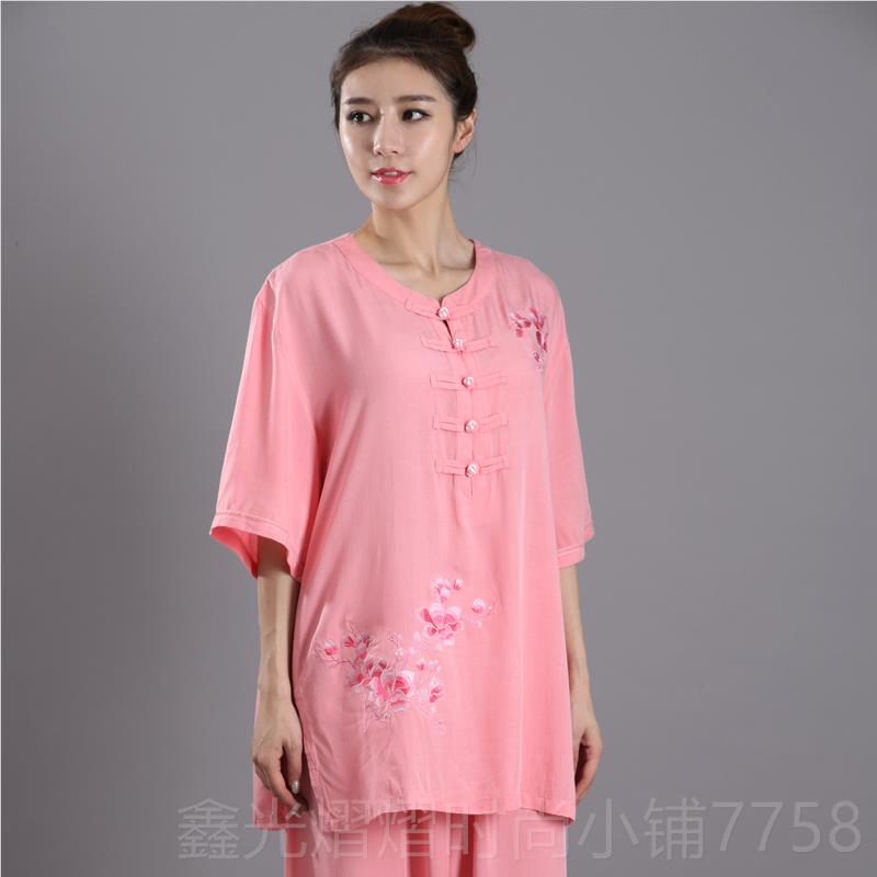 正品季极太极服女亚麻绣棉麻刺绣花夏新款练功服短袖宏中老年晨练