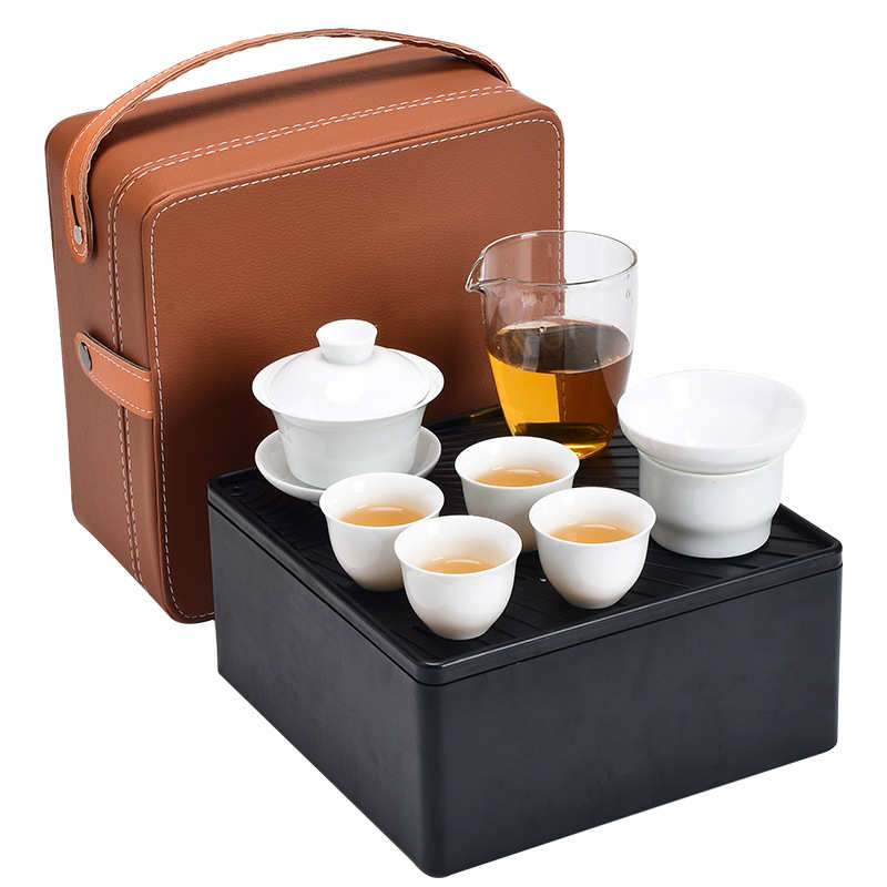 德化白瓷旅行茶具茶盘套装户外露营陶瓷盖碗泡茶杯储水盘logo制作