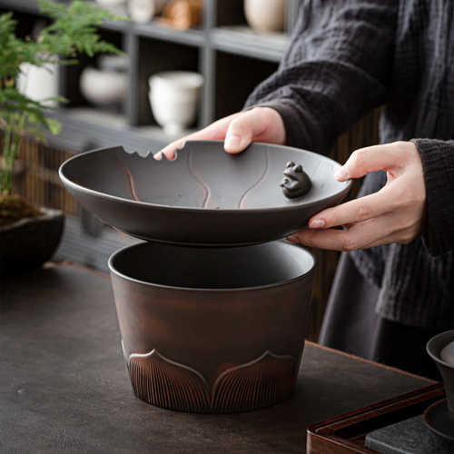 陶陶瓷家用桌面缸拾小号水桶功夫茶紫废水桶过滤茶渣茶渣桶念