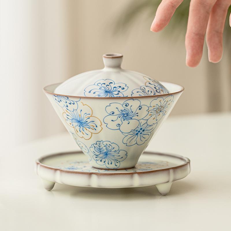 仿宋汝窑三才盖碗不烫手高颜值中式茶碗带盖单个高端大茶杯泡茶碗