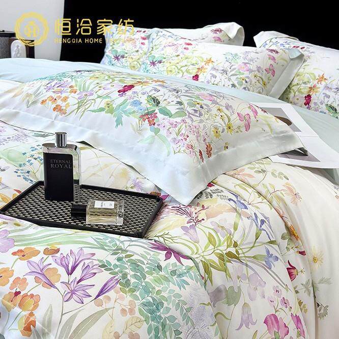 高端夏季透气丝滑莱赛尔四件套田园花卉数码印花被套床品绿白色