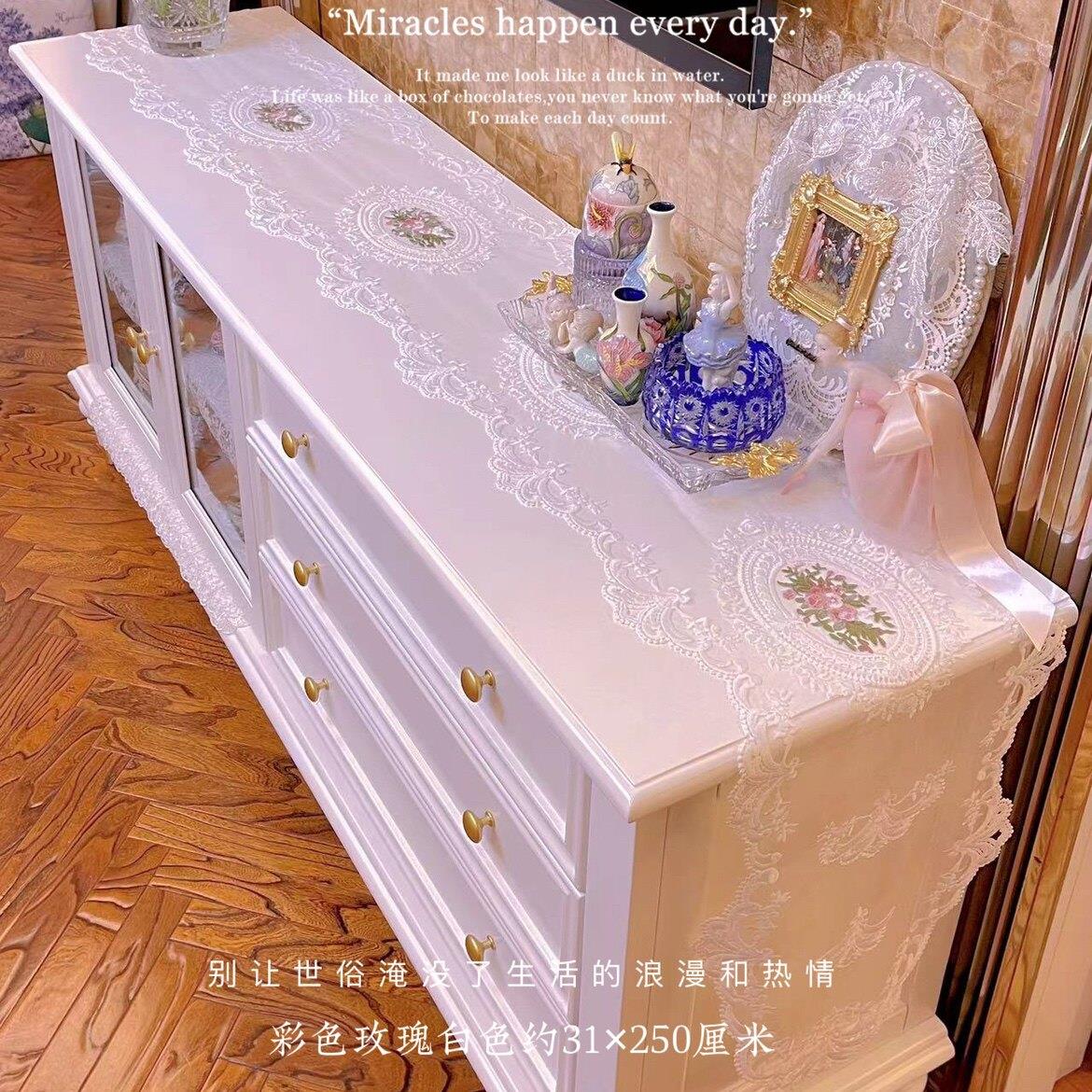 法式精品蕾丝桌旗白色绣花柜子盖巾玫瑰花款钢琴搭巾电视柜茶几垫